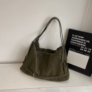 Retro olive green suede tote bag for women with large capacity and shoulder straps
