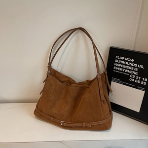 Vintage brown faux suede tote bag with large capacity and buckle detail for women