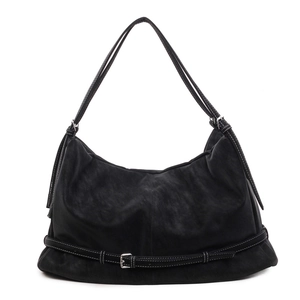 Retro black suede hobo bag with contrast stitching and silver buckle detail for women
