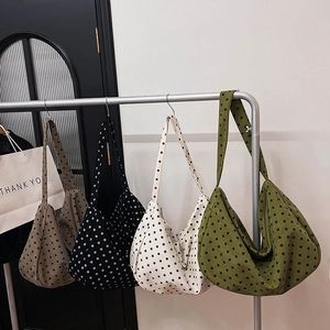 Polka Dot Hobo Bag Large Capacity Corduroy Shoulder Bag Daily Commuter Casual Tote For Women Retro Fashionable Soft