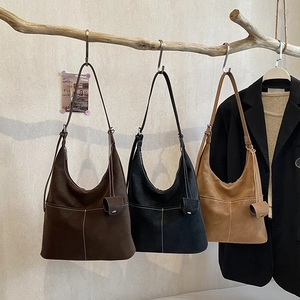 Women Vintage PU Leather Large Capacity Hobo Bag Contrast Stitching Shoulder Crossbody Handbag With Pouch Retro Casual