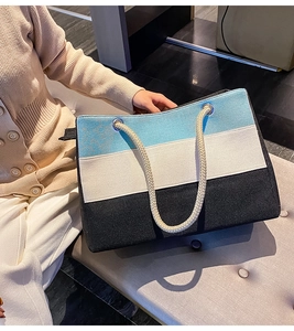 Detail der Kontrast-Canvas-Tasche mit geflochtenen Seilgriffen und Sternmuster