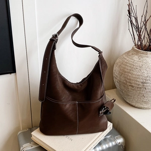 Retro dark brown large capacity crossbody tote bag with stylish white contrast stitching