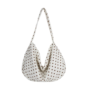 Polka dot canvas tote bag in white and brown, large capacity minimalist shoulder bag