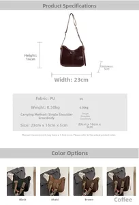 Detailed size guide and specifications for retro PU leather shoulder bag in four colors