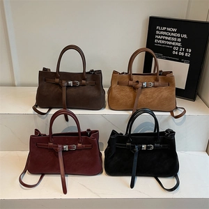 Women Retro Faux Suede Handbag Large Capacity Shoulder Crossbody Tote With Belt Buckle Vintage Commuter Bag