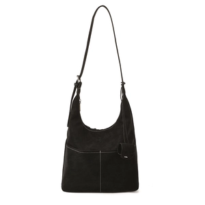 Retro black crossbody hobo bag with contrast stitching and adjustable strap on white background