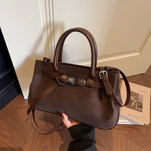 Retro matte dark brown tote bag with top handles and adjustable shoulder strap for women