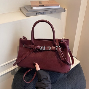 Vintage burgundy suede tote bag with large capacity for autumn and winter commuting