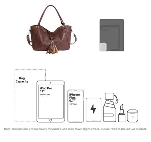 Brown leather hobo bag with tassel showing 11 inch tablet and phone capacity details
