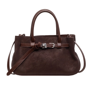 Dark brown leather tote bag with dual handles and adjustable shoulder strap for women