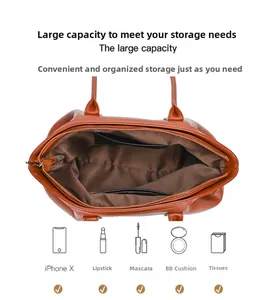 Interior view of large capacity brown leather tote bag with functional compartments
