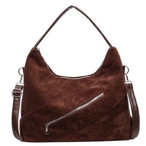 Brown suede tote bag with woven texture and diagonal zipper for daily commute