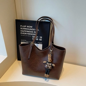 Retro deep brown large tote bag with textured faux leather and cute bunny charm