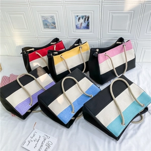 Canvas Tote Bag Für Damen Große Kapazität Color Block Handtasche Mit Geflochtenem Seilgriff Lässige Schultertasche