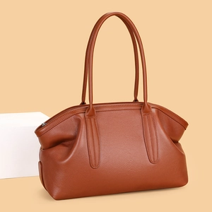 Minimalist brown pebbled leather tote bag with long handles for women commute
