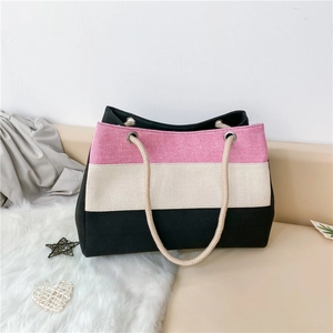 Modische große Canvas-Tragetasche mit rosa Streifen und beigen Seilgriffen für Damen