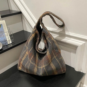 Vintage-Schultertasche aus Wolle mit großem Fassungsvermögen und Karomuster
