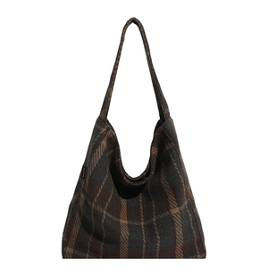 Retro Karo-Shopper aus Wolle in Grau und Braun mit großem Fassungsvermögen
