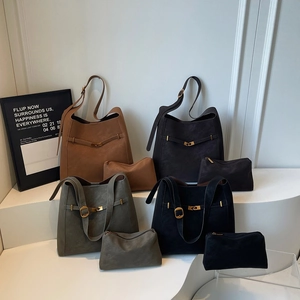 Vintage Suede Like PU Large Capacity Hobo Bag And Matching Pouch Minimalist Urban Style Women Shoulder Handbag Gold Buckle