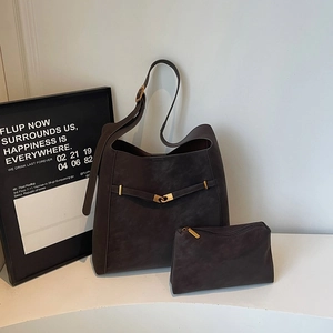 Retro dark brown frosted suede tote bag with adjustable strap and small inner pouch