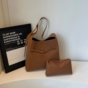 Minimalist caramel faux suede tote bag with matching pouch and metal buckle strap