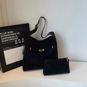Retro black faux suede tote bag set with metal buckle and shoulder strap