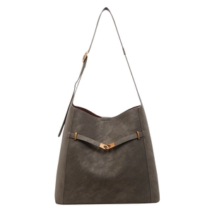 Dark grey matte faux suede shoulder bag with V-strap and golden buckle detailing