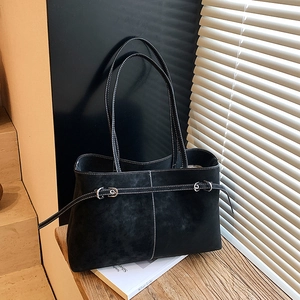 Retro black suede tote bag with contrast stitching and silver buckle for women