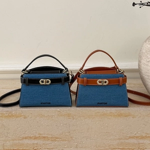Sac Bandoulière Rétro En Denim Et Similicuir Couleur Contrastée Sac À Main Trapèze Avec Fermoir Rotatif En Métal Pour Femmes