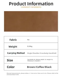 Detailed chart showing PU leather bag specifications in brown, coffee, and black colors