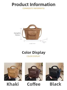 Detailed size specifications of matte leather crossbody bag in khaki, coffee, and black