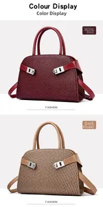 Detail view of woven leather tote bags in wine red and deep khaki colors with silver buckles