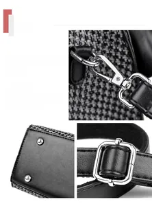 Close-up of silver metal hardware and tweed fabric details on the black leather handbag