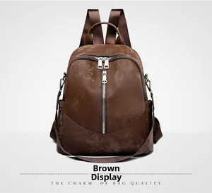 Detailansicht brauner Vintage-Rucksack aus Kunstleder mit vertikalem Reißverschluss