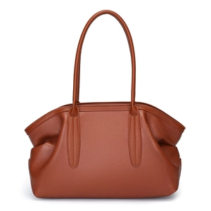 Caramel brown pebbled leather tote bag for women with minimalist trapezoidal design