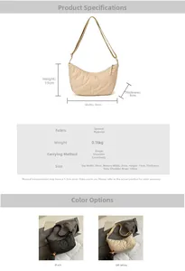 Size chart for quilted half-moon shoulder bag with detailed dimensions and weight info