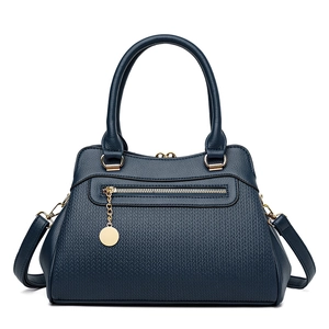 Dunkelblaue Lederhandtasche mit Webstruktur, goldener Hardware und Trageriemen