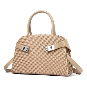 Khaki woven tote bag with leather handles and silver buckles for women commuting