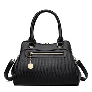 Klassische schwarze Handtasche mit Leder-Litchi-Muster, Goldbeschlägen und Schultergurt