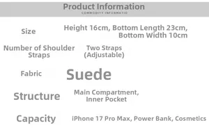 Detailed size chart and specifications for the large capacity vintage suede shoulder bag