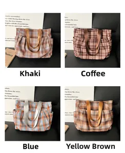 Detail of canvas tote bags in khaki, coffee, blue, and yellow-brown plaid patterns