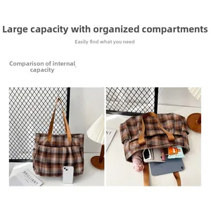 Macro detail of spacious interior compartments in a vintage brown plaid canvas tote bag
