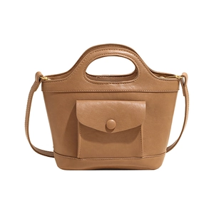 Minimalist brown faux leather basket tote bag with front pocket and shoulder strap