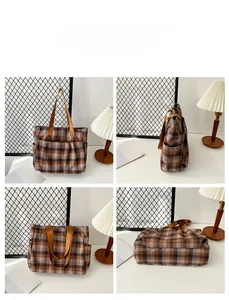Detail shots of the brown checkered tote bag showing the side pocket and 360 view
