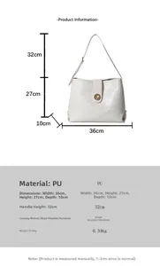 Detailed size chart for white PU leather tote bag with dimensions 36x27x10cm and 32cm handle
