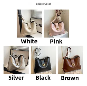 Collage of chic tote bags in five colors with metal twist locks and textured leather