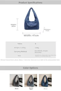 Detaillierte Größentabelle und Maße der großen Hobo-Tasche aus Denim für Damen