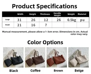 Detailed size chart for large and small PU leather tote bag set with pebble texture