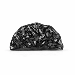 Elegant black acrylic fan-shaped evening clutch bag with glossy metallic finish and pleated design